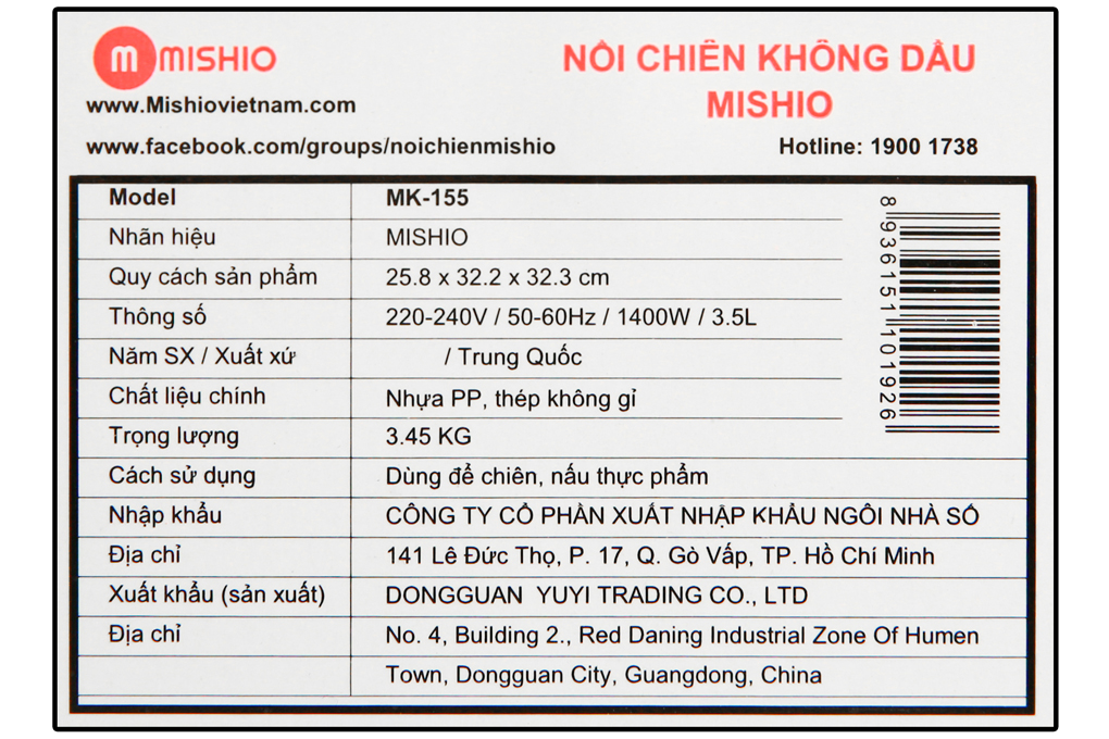Nồi chiên không dầu Mishio MK-155 3.5 lít Trắng Màu Trắng