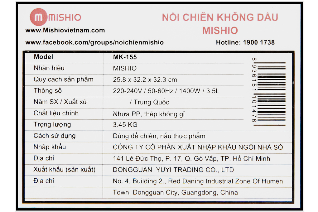 Nồi chiên không dầu Mishio MK-155 3 lít Đen Màu Đen