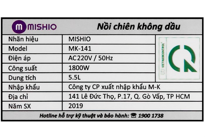 Nồi chiên không dầu Mishio MK-141 5.5 lít Đen Màu Đen