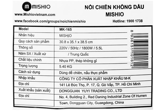 Nồi chiên không dầu Mishio MK-165 5.5 lít Trắng Màu Trắng