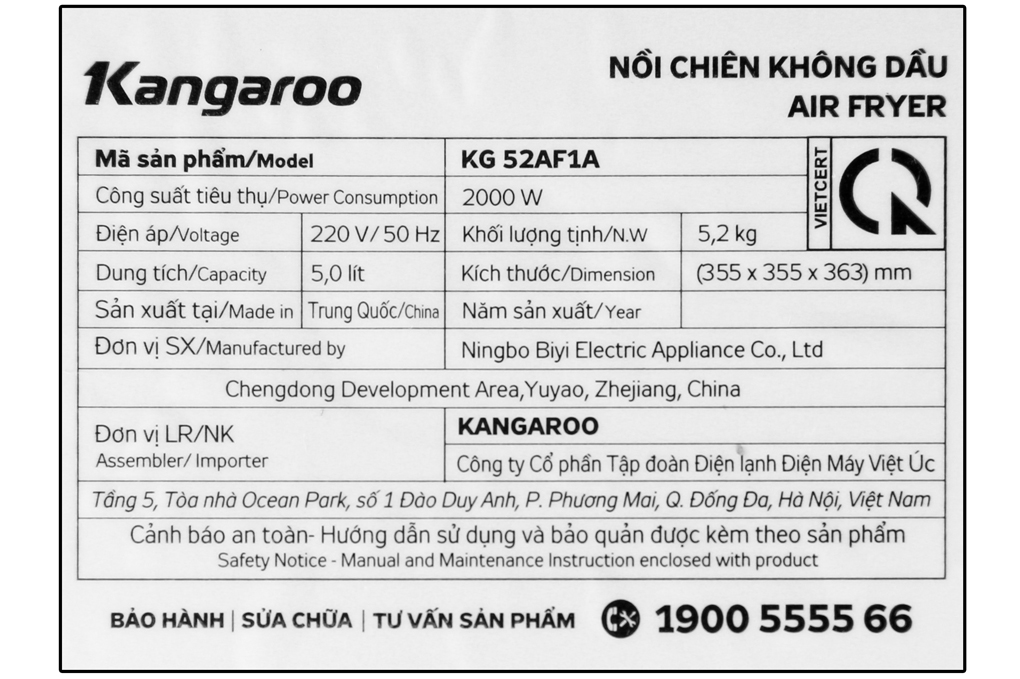 Siêu thị nồi chiên không dầu Kangaroo KG52AF1A 4.5 lít