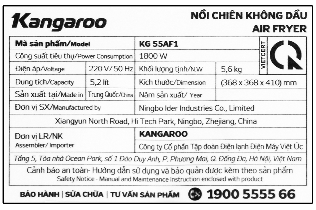 Siêu thị nồi chiên không dầu Kangaroo KG55AF1 4.7 lít