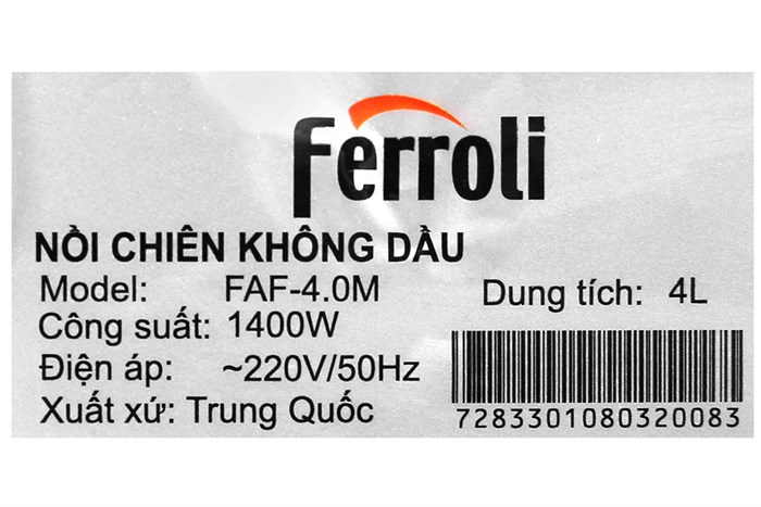 Nồi chiên không dầu Ferroli FAF-4.0M 4 lít Màu Đen