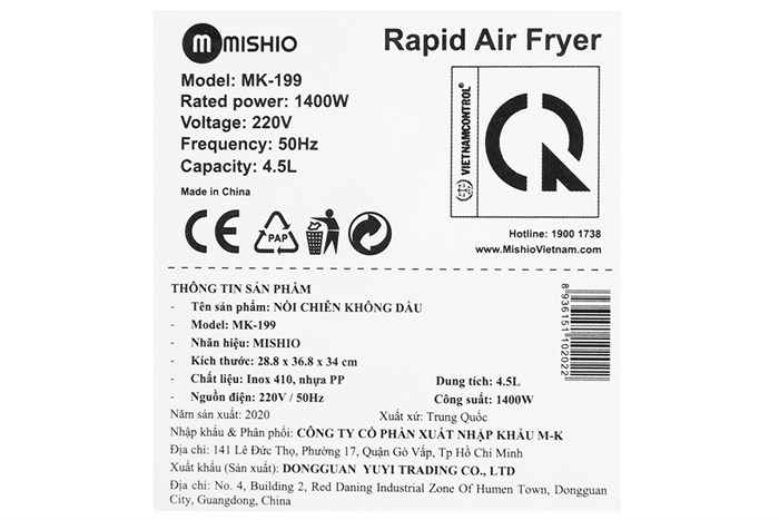 Nồi chiên không dầu Mishio MK-199 5 lít Màu Đen