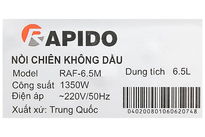 Nồi chiên không dầu Rapido RAF6.5M 6.5 lít Màu Đen