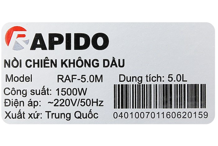 Nồi chiên không dầu Rapido RAF5.0M 5 lít Màu Đen