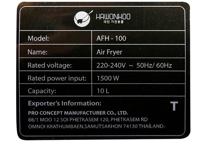 Lò chiên không dầu Hawonkoo 10 lít AFH-100 Màu Đen