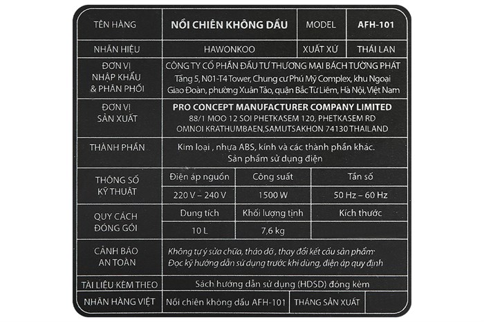 Lò chiên không dầu Hawonkoo AFH-101 10 lít Màu Xám