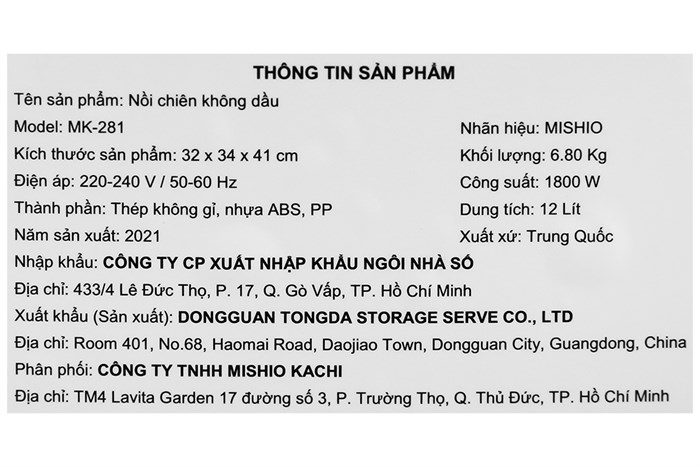 Lò chiên không dầu Mishio MK-281 12 lít Màu Đen