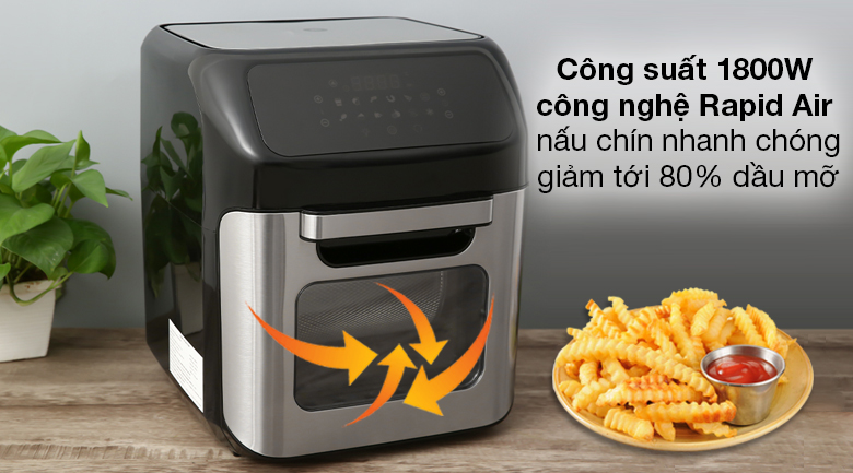 Nồi chiên không dầu Mishio MK-281 12 lít - Công suất 1800W, hỗ trợ công nghệ làm nóng điện trở nhiệt, đảo gió nóng Rapid Air