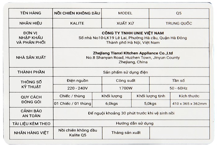 Nồi chiên không dầu Kalite Q5 5 lít Màu Xám