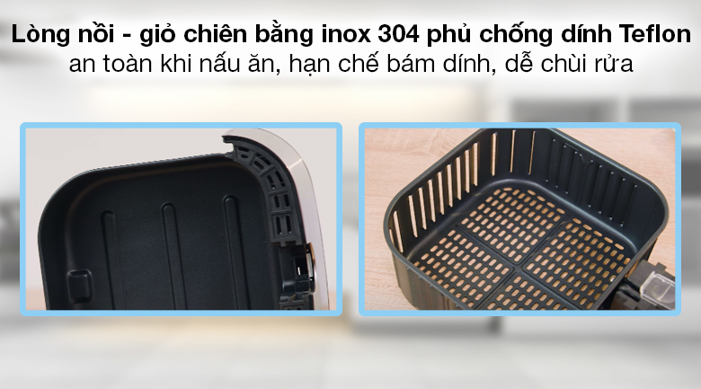 Nồi chiên không dầu Kalite Q5 5 lít - Lòng nồi và giỏ chiên làm bằng inox 304, phủ lớp chống dính Teflon cao cấp