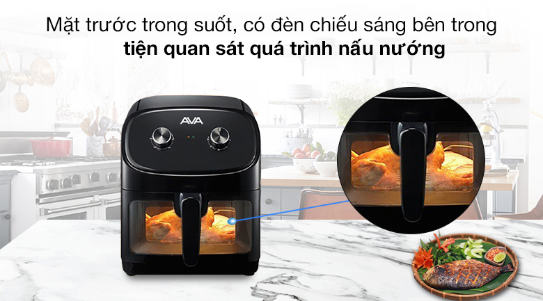 Nồi chiên không dầu AVA 55K07A 5.5 lít - Thiết kế mặt trước và đèn