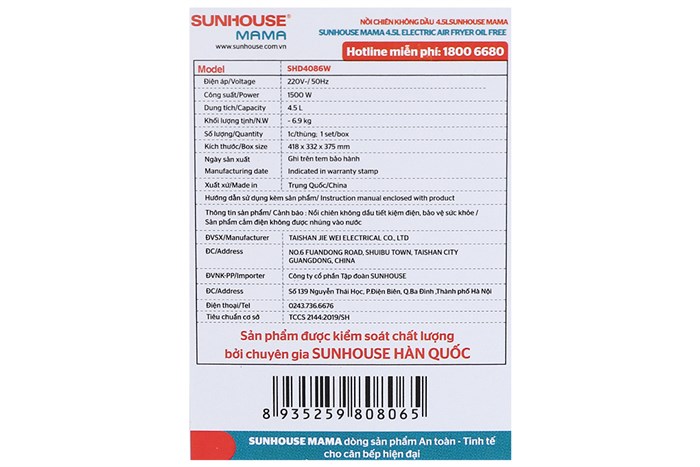 Nồi chiên không dầu Sunhouse Mama SHD4086W 4.5 lít Màu Trắng