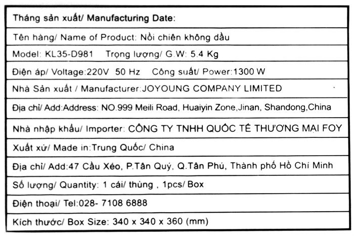 Nồi chiên không dầu Joyoung KL35-D981 3.5 lít Màu Đen