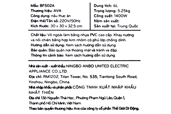 Nồi chiên không dầu AVA BF502A 6 lít Màu Đen