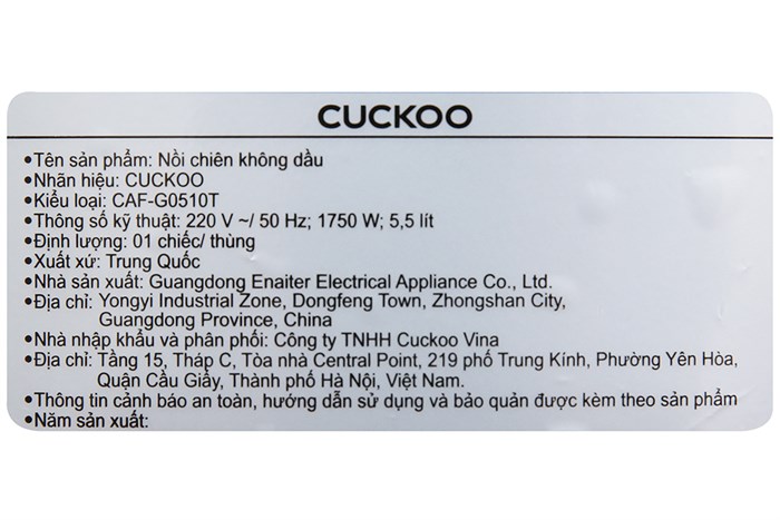 Nồi chiên không dầu Cuckoo 5.5 lít CAF-G0510T Màu Đen
