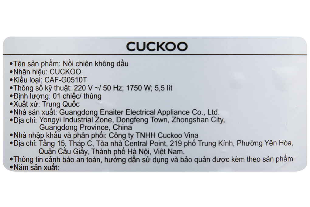 Nồi chiên không dầu Cuckoo CAF-G0510T 4.8 lít