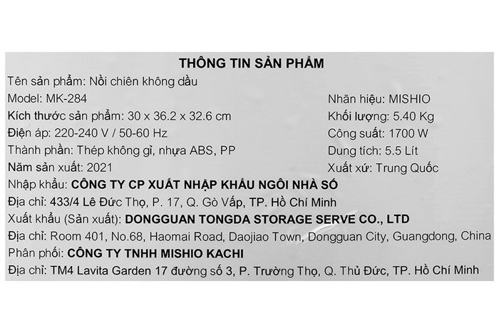 Nồi chiên không dầu Mishio MK-284 5.5 lít Màu Đen