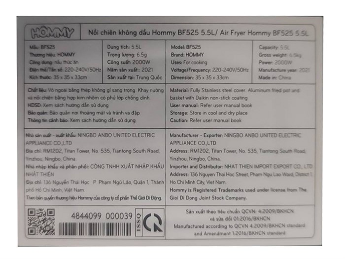 Nồi chiên không dầu Hommy BF525 5.5 lít Màu Bạc Inox