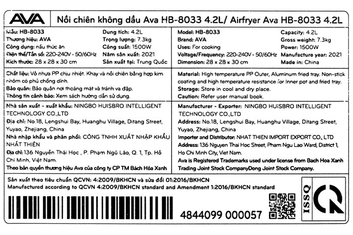 Nồi chiên không dầu AVA 4.2 lít HB-8033 Màu Đen