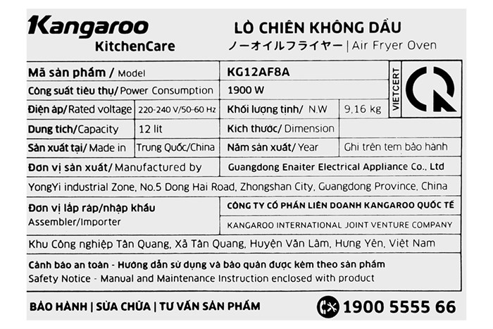 Lò chiên không dầu Kangaroo KG12AF8A 12 lít Màu Đen