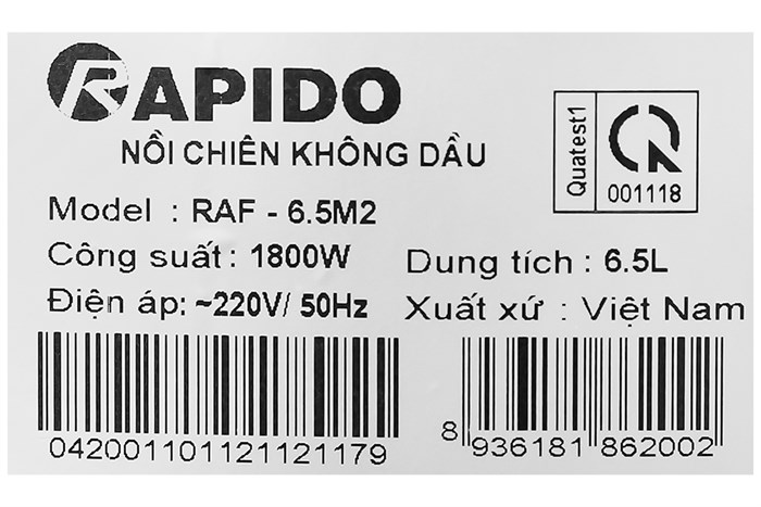 Nồi chiên không dầu Rapido 6.5 lít RAF6.5M2 Màu Đen