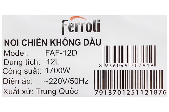 Lò chiên không dầu Ferroli 12 lít FAF-12D Màu Đen