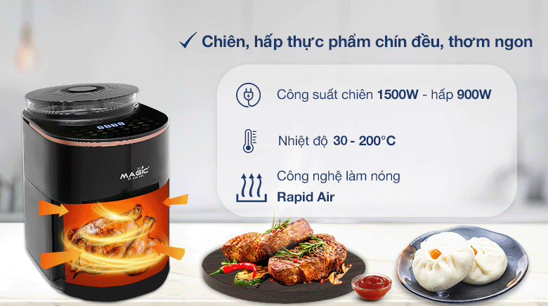 Nồi chiên không dầu kết hợp hấp Magic Eco S05 5 lít - Công suất, công nghệ Nồi chiên không dầu kết hợp hấp Magic Eco S05 5 lít - Công suất, công nghệ