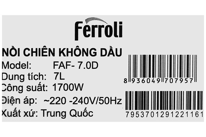 Nồi chiên không dầu Ferroli 7 lít FAF-7.0D Màu Đen - Xám