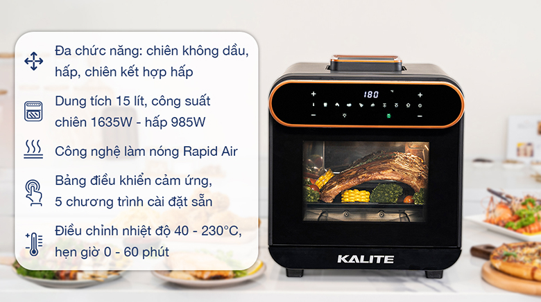 Lò chiên không dầu kết hợp hấp Kalite STEAM PRO 15 lít - Tổng quan