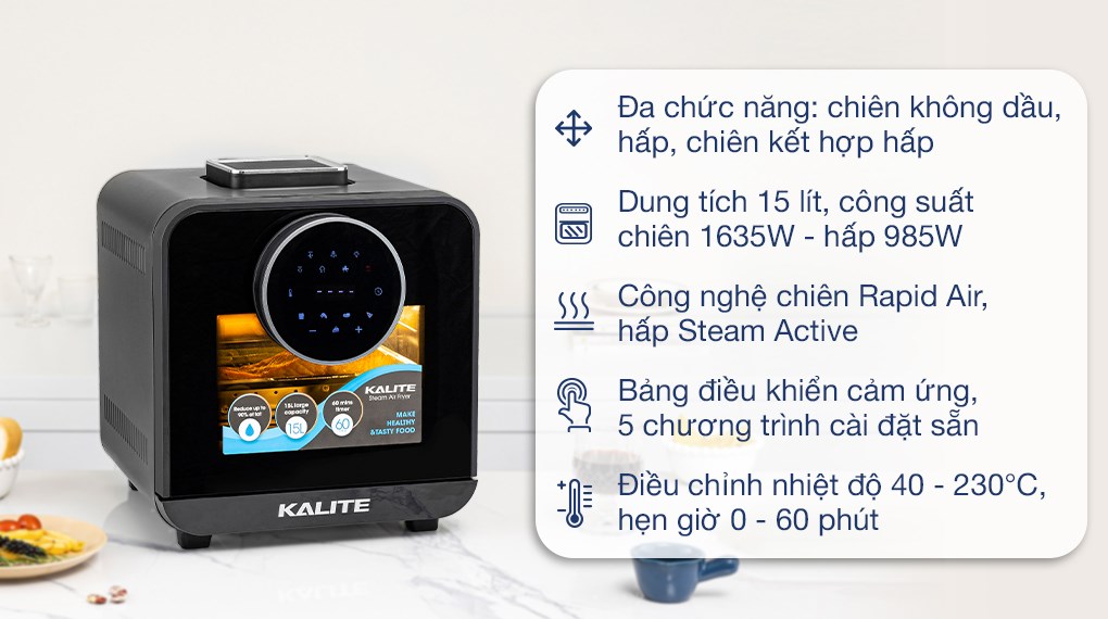 Lò chiên không dầu kết hợp hấp Kalite 15 lít STEAM STAR