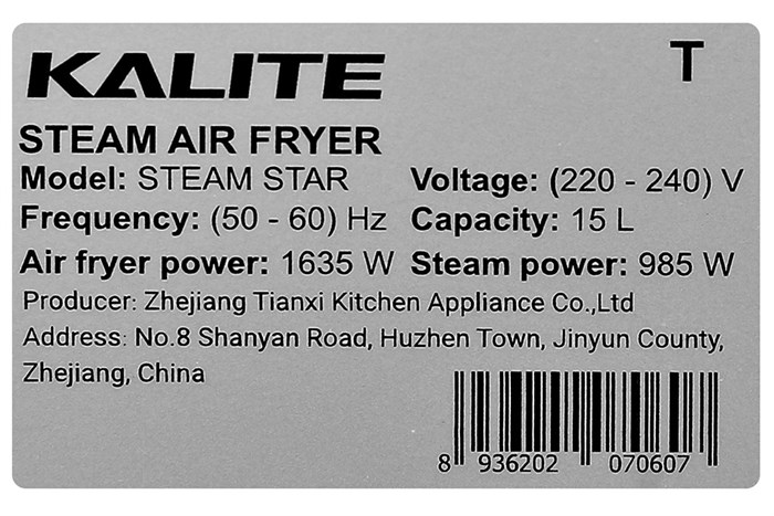 Lò chiên không dầu kết hợp hấp Kalite 15 lít STEAM STAR Màu Đen