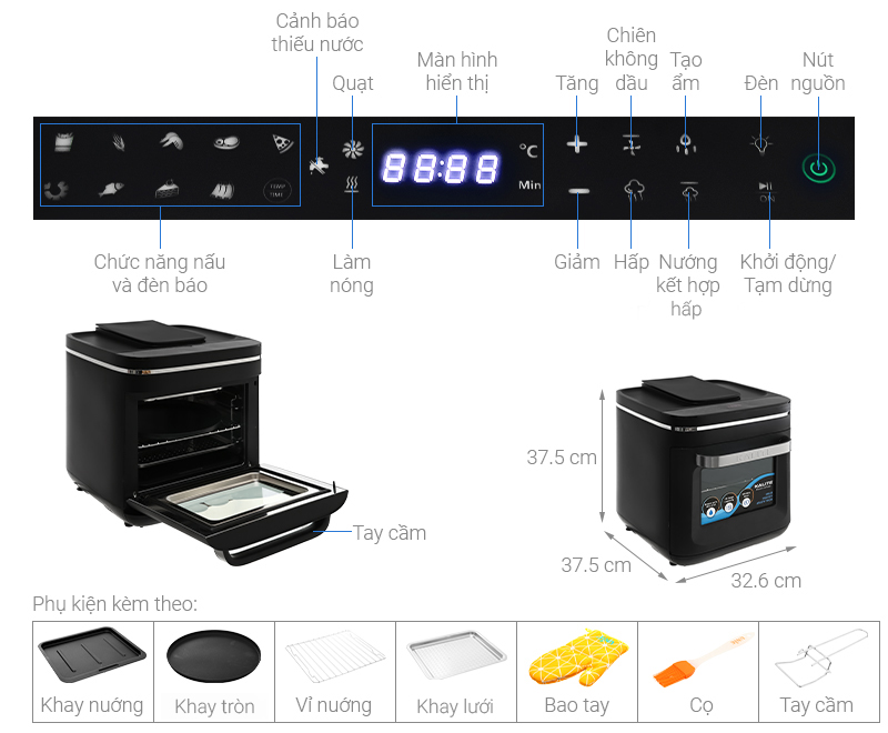 Lò chiên không dầu kết hợp hấp Kalite STEAM X 15 lít