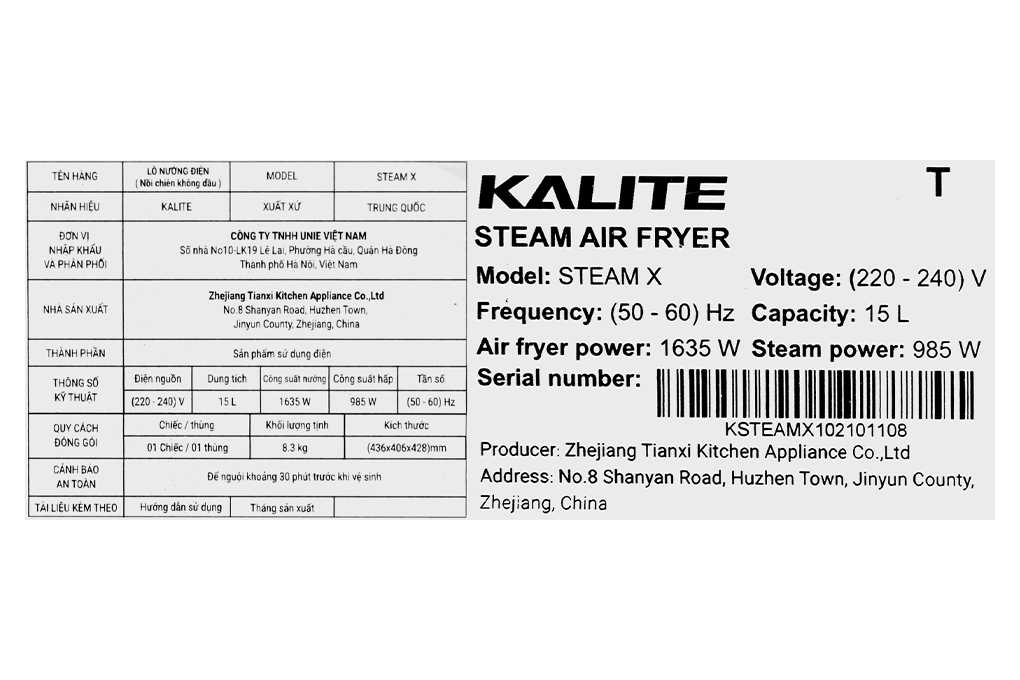 Lò chiên không dầu kết hợp hấp Kalite 15 lít STEAM X Màu Đen