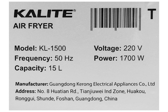Lò chiên không dầu Kalite 15 lít KL-1500 Màu Đen - Bạc