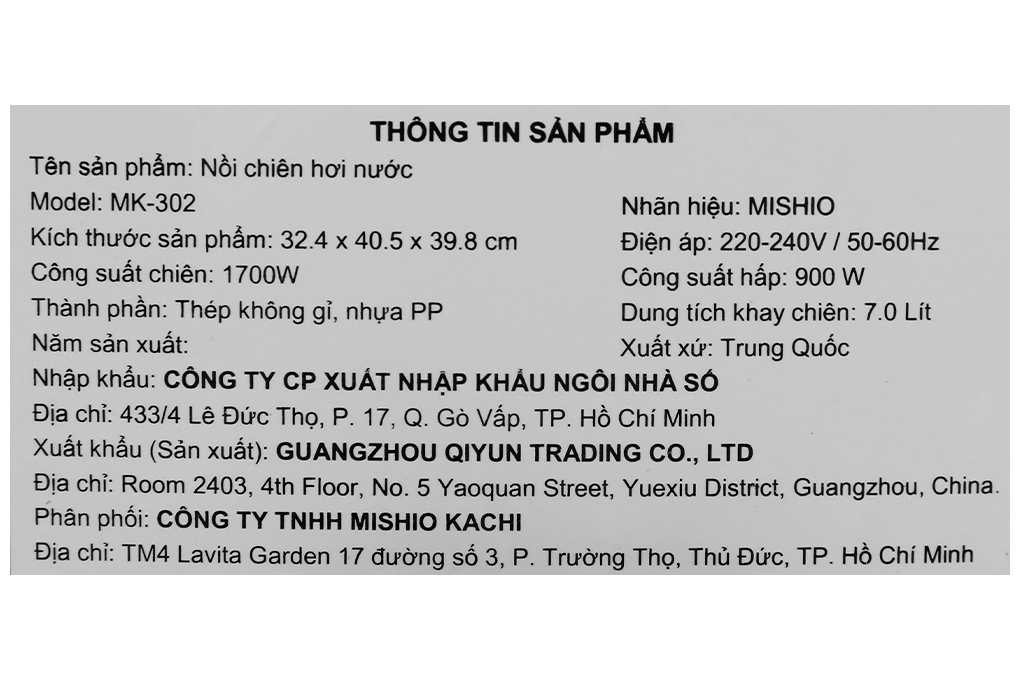 Nồi chiên không dầu hơi nước Mishio MK-302 7 lít Màu Đen