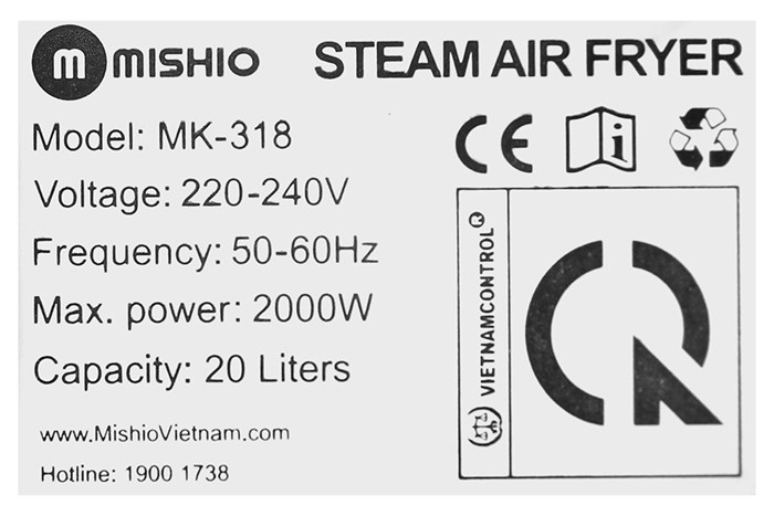 Lò chiên không dầu hơi nước Mishio MK-318 20 lít Màu Đen