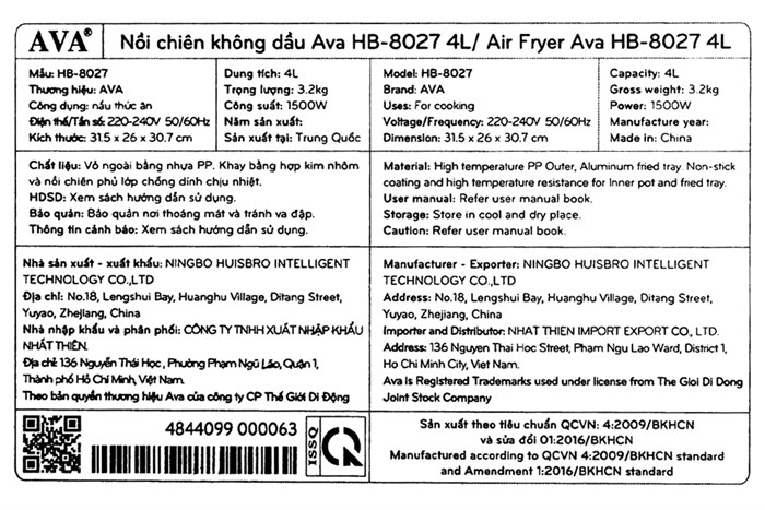 Nồi chiên không dầu AVA 4 lít HB-8027 Màu Đen