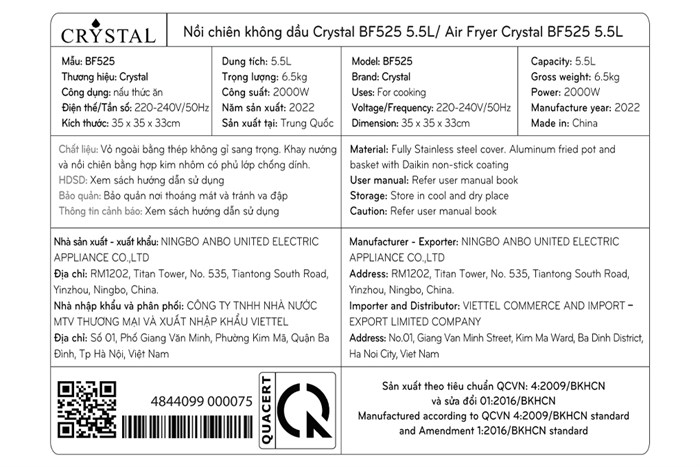 Nồi chiên không dầu Crystal 5.5 lít BF525 Màu Bạc Inox