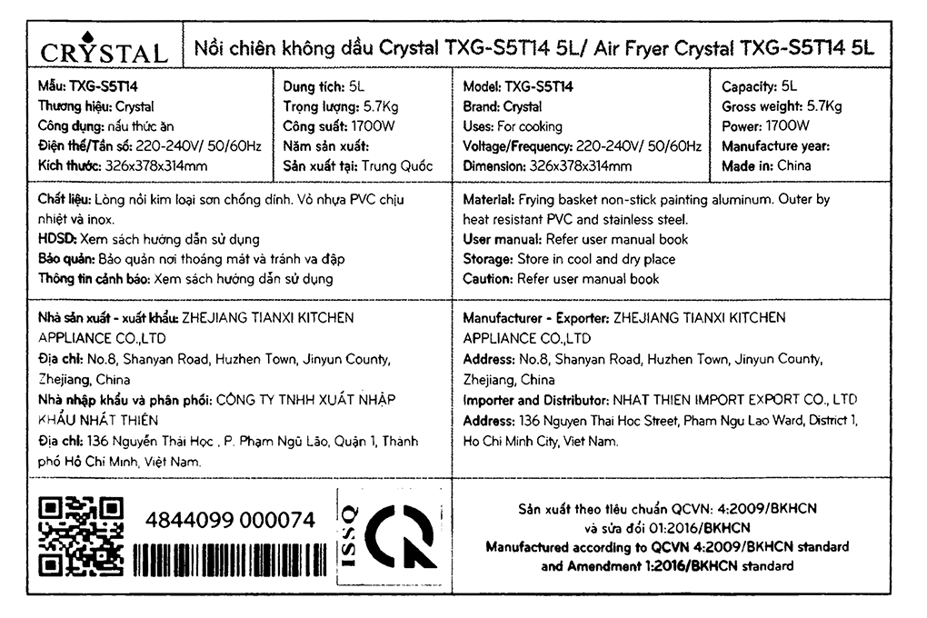 Nồi chiên không dầu Crystal TXG-S5T14 5 lít Màu Đen