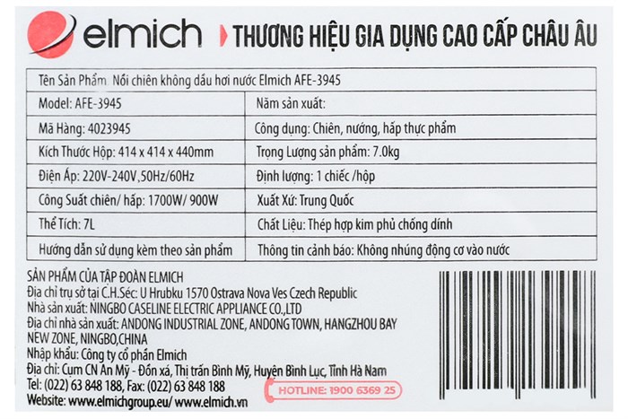 Nồi chiên không dầu hơi nước Elmich AFE-3945 7 lít Màu Đen - Vàng đồng