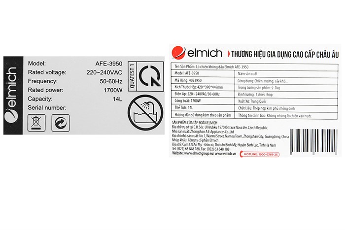 Lò chiên không dầu Elmich AFE-3950 14 lít Màu Đen - Bạc