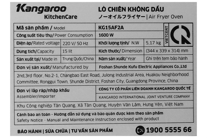 Lò chiên không dầu Kangaroo KG15AF2A 15 lít Màu Xanh