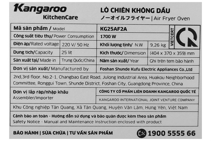 Lò chiên không dầu Kangaroo KG25AF2A 25 lít Màu Xanh