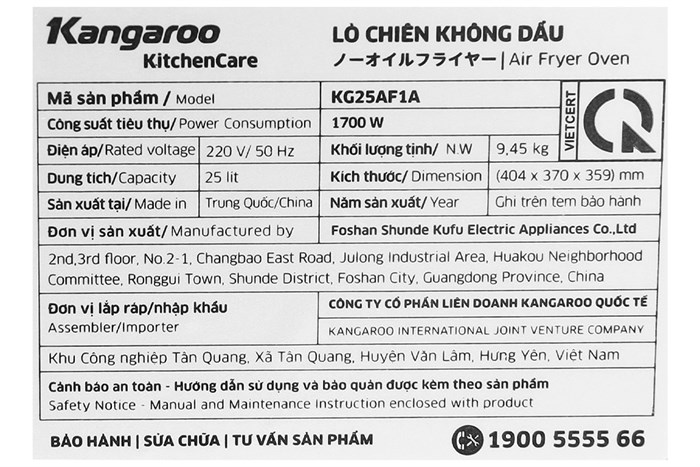 Lò chiên không dầu Kangaroo KG25AF1A 25 lít Màu Bạc