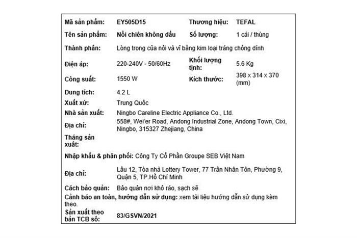 Nồi chiên không dầu Tefal EY505D15 4.2 lít Màu Bạc Inox