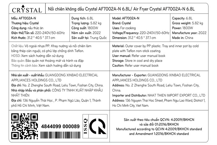 Nồi chiên không dầu Crystal AF7002A-N 6.8 lít Màu Đen