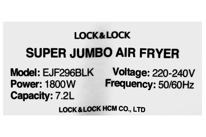 Nồi chiên không dầu Lock&Lock 7.2 lít EJF296BLK Màu Đen