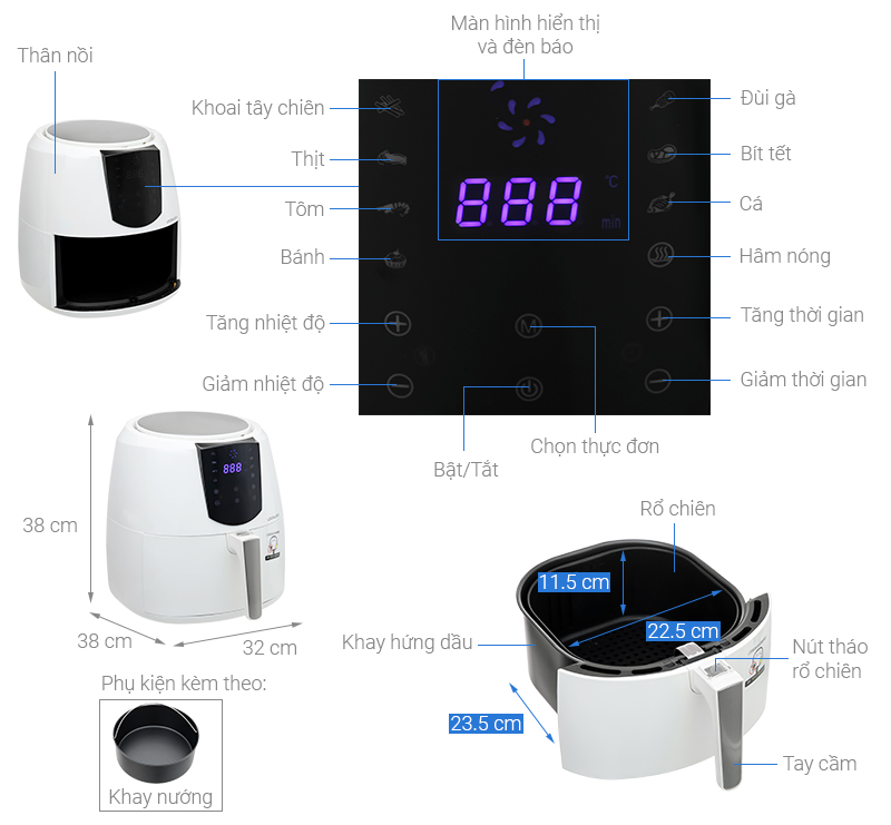 Nồi chiên không dầu Lock&Lock 5.2 lít EJF357WHT